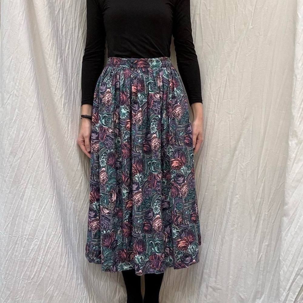 Floral Pleated Midi Skirt - Teal & Purple